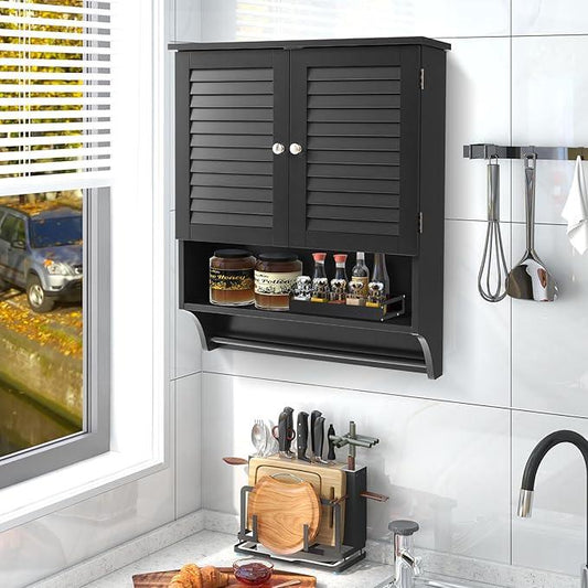 Giantex Bathroom Cabinet Wall Mounted - Hanging Medicine Cabinet with 2 Louvered Doors, 3-Position Adjustable Shelf, Towel Bar, Over The Toilet Space Saver (Black) - ModernBath