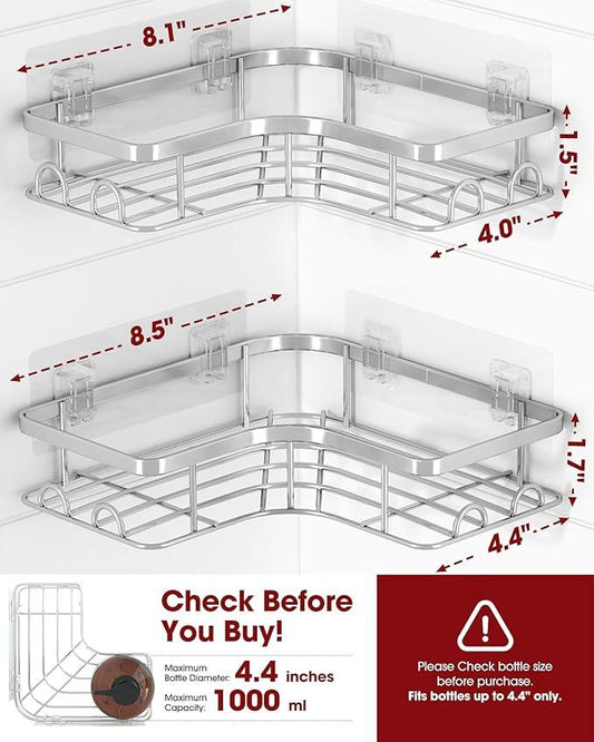 Corner Shower Caddy - 2 Pack, Adhesive Shower Organizers, Rustproof Stainless Steel Shower Shelves with 8 Hooks, No Drilling Bathroom Organizers and Storage Racks, Space-Saving, Silver, Medium - ModernBath