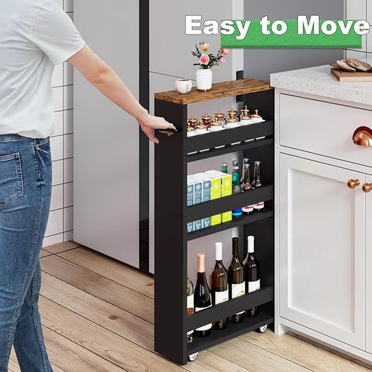 MARTY Rolling Storage Cart 4-Tier Black Kitchen Cart with Wheels, Slim Storage Cart with Handle Slide Out Utility Cart Shelving Unit Organizer Trolley for Laundry Narrow Places Bathroom Small Corner