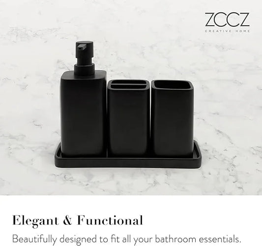 ZCCZ Beige Bathroom Accessory Sets, 4 Pieces Bathroom Accessories Complete Set Vanity Countertop Accessory Set, Includes Lotion Dispenser Soap Pump, Tumbler, Toothbrush Holder and Tray - ModernBath