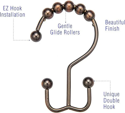 2lbDepot Shower Curtain Rings Hooks - Bronze Finish - Premium 18/8 Stainless Steel - Oil Rubbed Double Hooks with Easy Glide Rollers Rust Resistant - Six Finishes Available - Set of 12 for Shower Rod - ModernBath