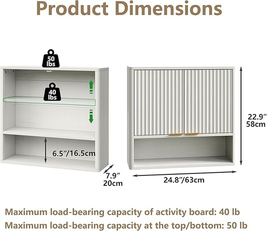 Furnideco Bathroom Medicine Cabinet with Fluted Doors, 3-Tier Modern Wall Cabinet Over Toilet, Small Hanging Storage Cabinet for Bathroom, Antique White