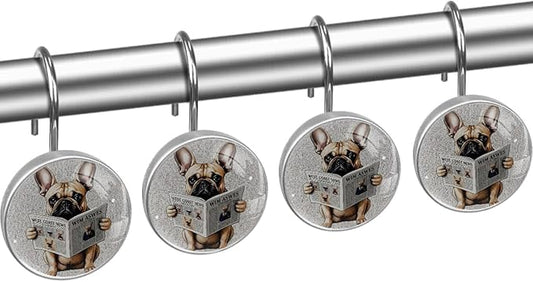 Dog Reading Newspaper Shower Curtain Hooks 12Pcs, Decorative Rust Resistant Shower Rings for Shower Curtain Rods, Stainless Steel Round Curtain Hooks for Bathroom, Bedroom, Farmhouse
