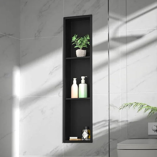Stainless Steel Shower Niche 8"×36" Matte Black with 3-Tier Shelves No Tiled Needed Niche Shower for Bathroom Wall Recessed Bathroom Shower Shelf for Storage - ModernBath