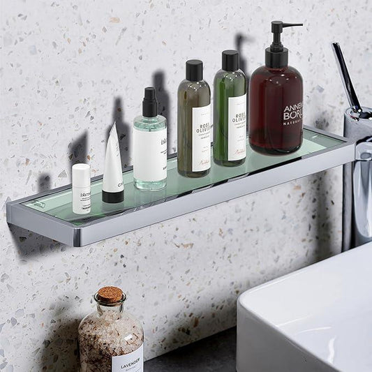 20IN Bathroom Shelves/Shelf Glass Wall Mount Floating Shelves for Bathroom Tempered Glass Rectangular 1 Tier Organizer Wall Shelf (Chrome Polished, 20'') - ModernBath