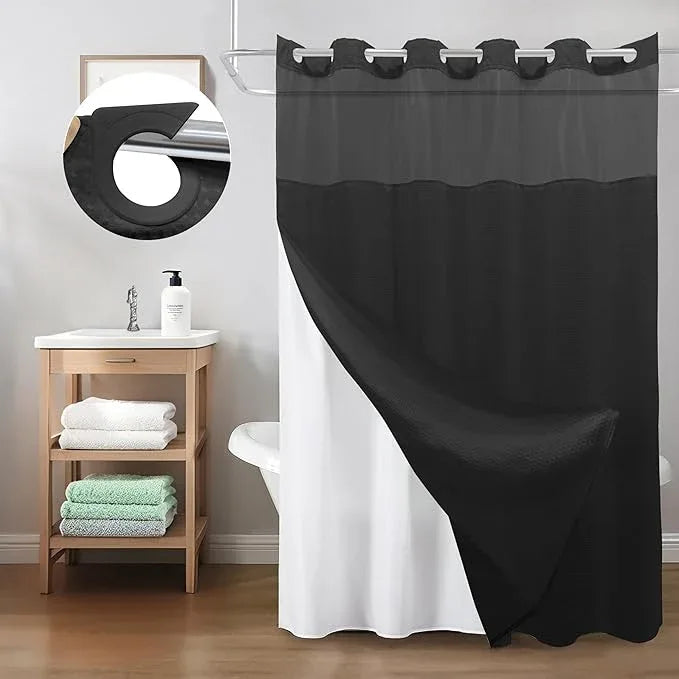 Inhousolu No Hook Shower Curtain with Snap in Fabric Liner Set Waffle Weave 230GSM Weighted Hem, Waterproof & Washable Bathroom Curtain Spa Luxury with Mesh Top Window 72" W x 72" L Black - ModernBath