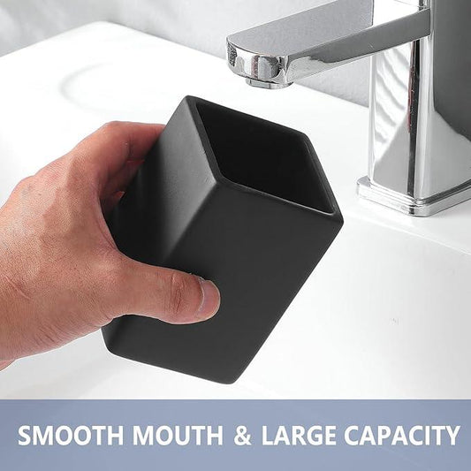 Ceramic Black Square Toothbrush Holder for Bathrooms - 1 Cup Square Toothbrush Toothpaste Holders, Bathroom Tumbler Cup Reusable Toothbrush Mouthwash Cup, Bathroom Counter Organizer. - ModernBath