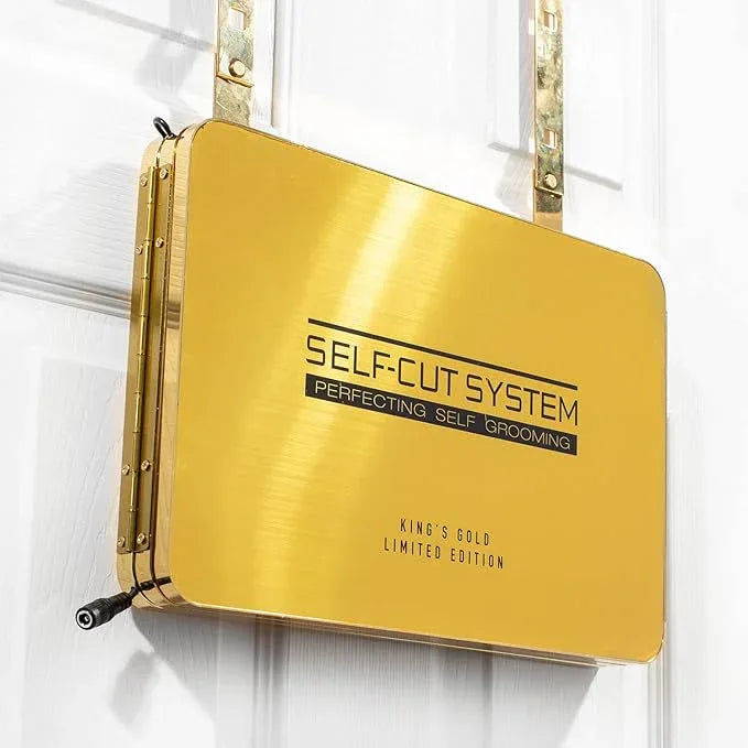 Self-Cut System Gold Plated 3 Way Mirror with Lights for Self Hair Cutting, Trifold Barber Mirror with Height Adjustable Hooks, 360 View, Includes Free Educational Mobile App (King’s Gold) - ModernBath