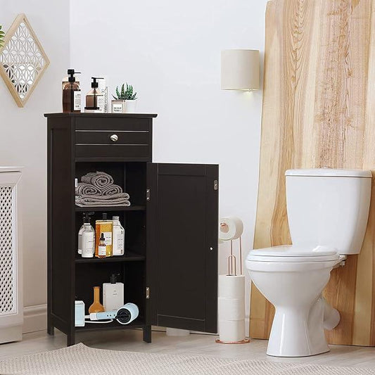 HAPPYGRILL Bathroom Floor Cabinet, Single Door Floor Storage Cabinet Organizer with Drawer and 3-Level Adjustable Shelves, Bathroom Cabinets Freestanding with Anti-Tipping Device for Living Room - ModernBath