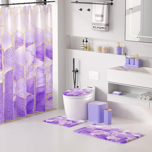 XLHOMO Bathroom Set - 26PC Bathroom Set with Shower Curtain and Rugs, Bathroom Accessory Set, Purple Bathroom Accessories Set, Trash Can & Soap Dispenser - ModernBath