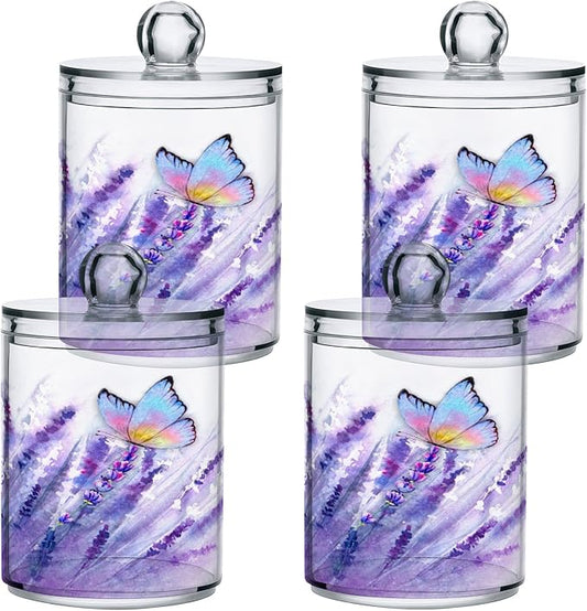 BOENLE 4 Pack Qtip Holder Dispenser Lavender Butterfly Purple Bathroom Storage Canister Lid Acrylic Plastic Apothecary Jar Set Vanity Makeup Organizer for Cotton Swab/Ball/Pad/Floss