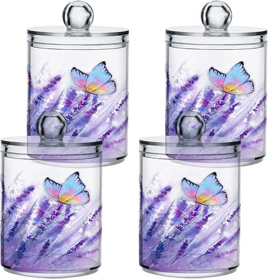 BOENLE 4 Pack Qtip Holder Dispenser Lavender Butterfly Purple Bathroom Storage Canister Lid Acrylic Plastic Apothecary Jar Set Vanity Makeup Organizer for Cotton Swab/Ball/Pad/Floss - ModernBath