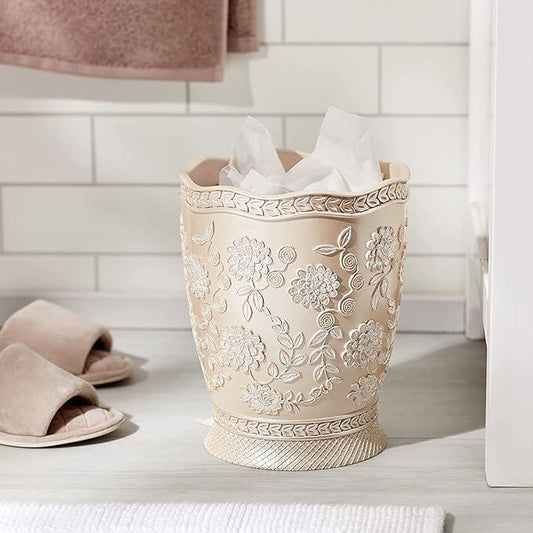 Zahari Home 2pc Rose Vine Bathroom Set Waste Basket & Tissue Cover Modern Classic Decor Stylish Unique Design Beautiful Beige Bathroom Accessories Set - ModernBath