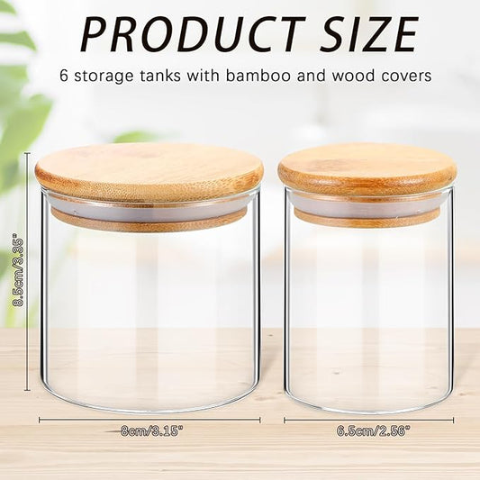 Dandat 6 Pack Glass Apothecary Jars with Lids Bamboo Bathroom Jars Cotton Ball Pad Round Swab Holder Dispenser Vanity Canisters for Countertop Storage Hair Ties Floss Organizer, 8.5 oz and 10.8 oz