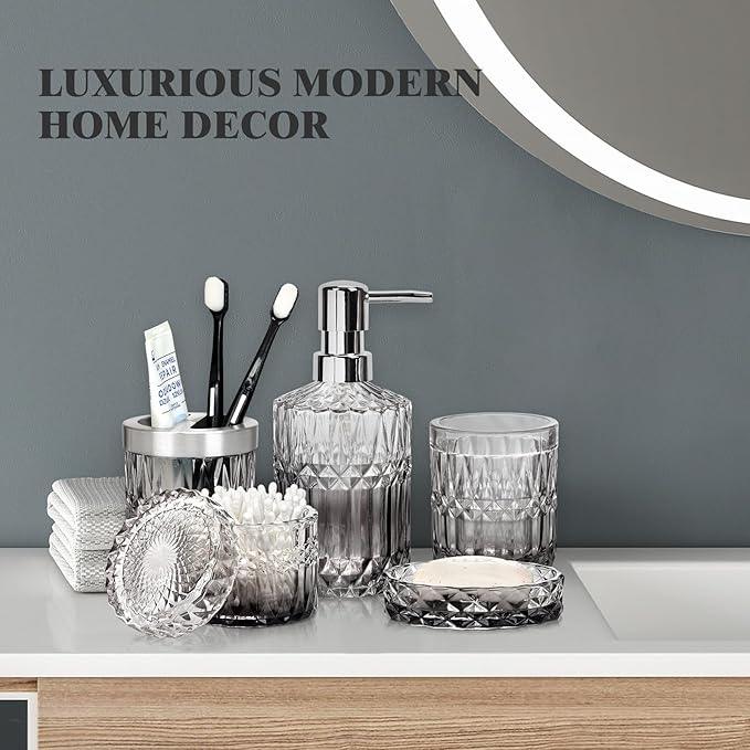 Ulable Bathroom Accessories Set, 5Pcs Bathroom Soap Dispenser Set, Glass Bathroom Accessories with Glass Soap Dispenser, Soap Dish, Toothbrush Holder, Tumbler, Cotton Swab Jar (Gradient Clear & Black) - ModernBath