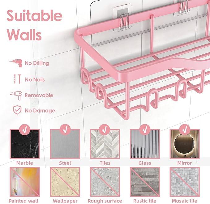Shower Caddy Adhesive Shower Organizer 7-Pack, Rustproof Stainless Steel Bathroom Shelves, Large Capacity No-Drill Rack Storage Accessories with Soap Dish Toothbrush Holder Hooks (Pink) - ModernBath