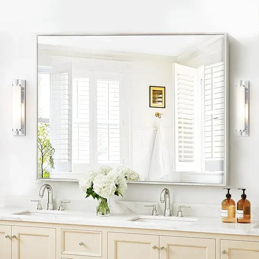 COFENY 40x48inch Silver Bathroom Mirror, Silver Rectangle Mirror with Frame, Large Rectangular Wall Mirrors for Bathroom, Living Room, Hair Salon, Big Farmhouse Mirror Hang Horizontal/Vertical - ModernBath