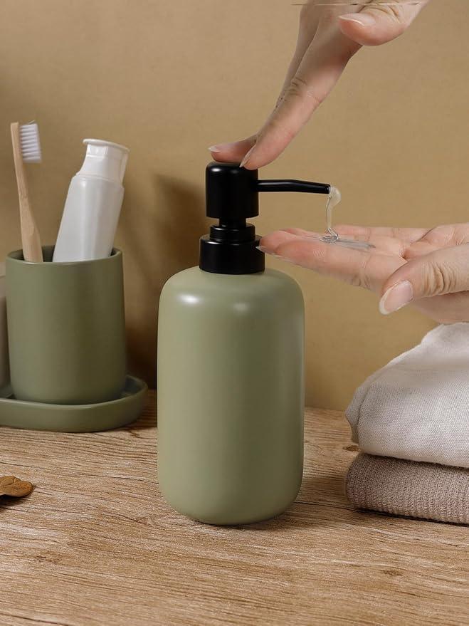 INGOFIN 3 Pcs Ceramic Bathroom Accessory Set - Liquid Soap Dispenser, Toothbrush Holder & Tray, Bathroom Counter Set, Countertop Essentials for Home, Guest Bathroom, or Office Use, Dark Green - ModernBath