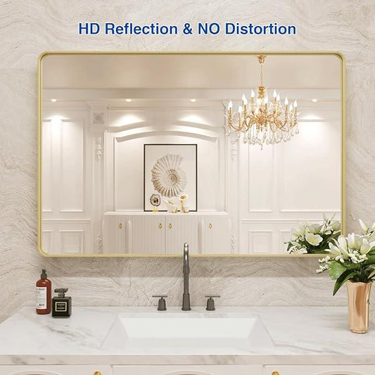 WEER Gold Bathroom Mirror, 48X30 Inch Brushed Gold Metal Frame Mirror, Rounded Rectangle Gold Bathroom Vanity Mirror for Wall, Tempered Glass, Anti-Rust, Hangs Horizontally or Vertically - ModernBath
