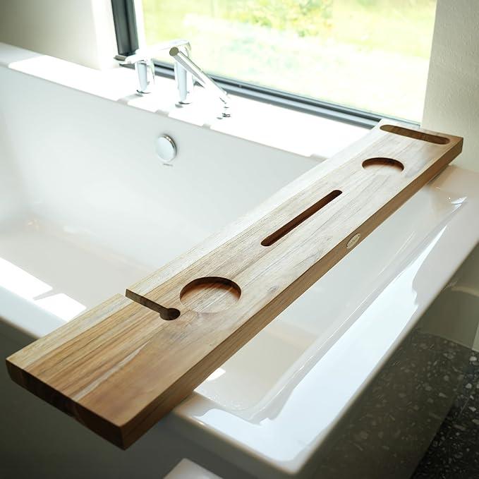 EcoDecors Eleganto 42" Live Edge Solid Teak Bath Caddy Tray with Handle, Book & Tablet Holder, Wine Glass Holders, Luxury Bathtub Tray - ModernBath
