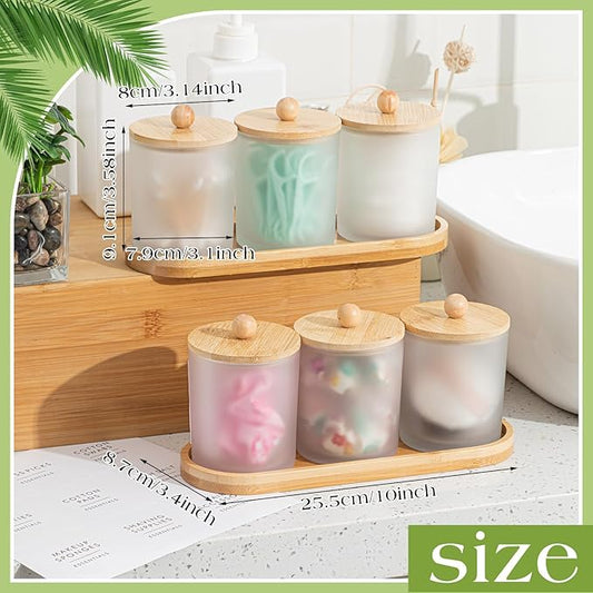 Chengu 6 Pack Cotton Swab Holder with Bamboo Lids and Trays and Labels Glass Round Swab Dispenser Cotton Ball Holder Glass Apothecary Jars Floss Pick Containers Bathroom Organizers (White)