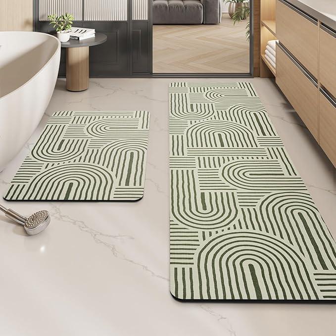 MontVoo -Bath Mat-Non Slip Thin Bathroom Rugs Fit Under Door- Quick Dry Absorbent Faux Suede Surface Grey Bathroom Floor Mats-Shower Rug for in Front of Bathtub Shower Ivory & Green Arched 17x27.5 - ModernBath