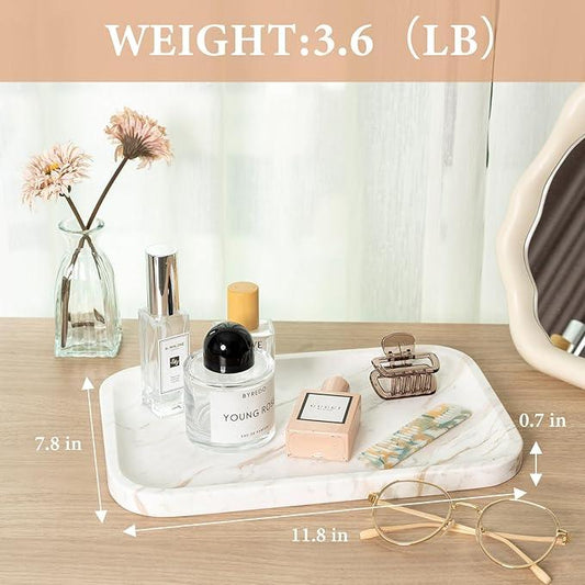Karibiber Marble Vanity Tray, Marble Bathroom Tray Countertop, Decorative Trays for Dresser Organizer, White Stone Storage Serving Trays for Kitchen, Perfume, Jewelry Cathall Holder - ModernBath