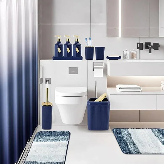 WSBArt 32PCS Bathroom Set Bathroom Sets with Shower Curtain and Rugs Navy Blue Bathroom Accessories,Shower Curtain Set,Bathroom Rug Set with Bathroom Trash Can - ModernBath