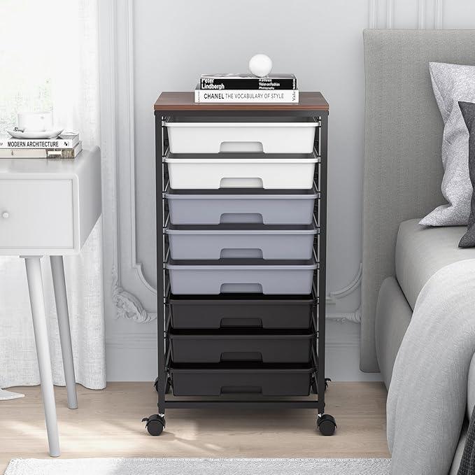 Rolling Cart with Drawers,Utility Cart With 8 Drawers and Wooden Tabletop for Living Room,Classroom,Bedroom,Bathroom,Dorm,Office,Dark Grey - ModernBath