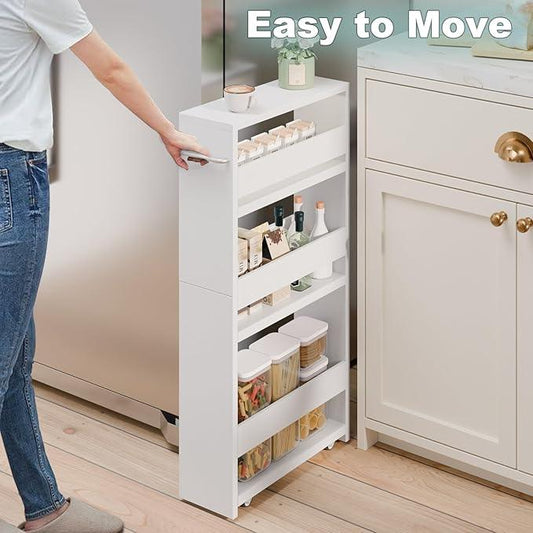 MARTY White Slim Storage Cart with Wheels, 4 Tier Rolling Utility Cart with Handle Slide Out Shelving Unit Organizer Trolley for Laundry Kitchen Bathroom Narrow Places Small Corner - ModernBath