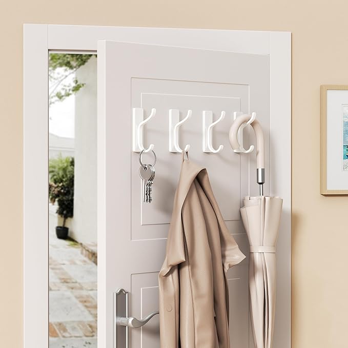 pickpiff Adhesive Wall Coat Hooks - Heavy Duty Stick-On Door Hanger, Metal Hook for Hanging Towel,Purse, Robe, Backpack, Jacket, Clothes - for Bathroom,Dorm, Closet, Kitchen - White, 4 Pack