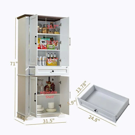 71" White Tall Pantry Cabinet with Drawer and Adjustable Shelves, Modern Storage Cabinet with Doors, Kitchen Buffet Cabinet, Food Pantry Storage Cabinet, Coffee Bar, Living Room and Dining Room - ModernBath