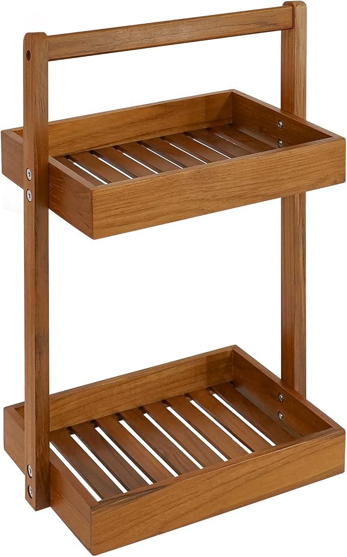 Utoplike Teak Wood Shower Caddy Corner, 2 Tier Bathroom Organizer Countertop, Standing Shower Rack with Handle, Stand Up Shower Basket for Shampoo, Shelf Rack for Inside Shower, Kitchen Desktop - ModernBath