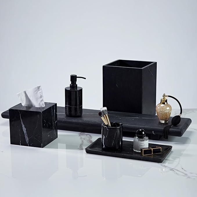 Black Marble Trash Can for Bathroom, Minimalist Theme Chic Wastebasket,Luxurious Design Rubbish Bin, Elegant Black Marble Waste Basket for Bathroom, Bedroom, Living Room