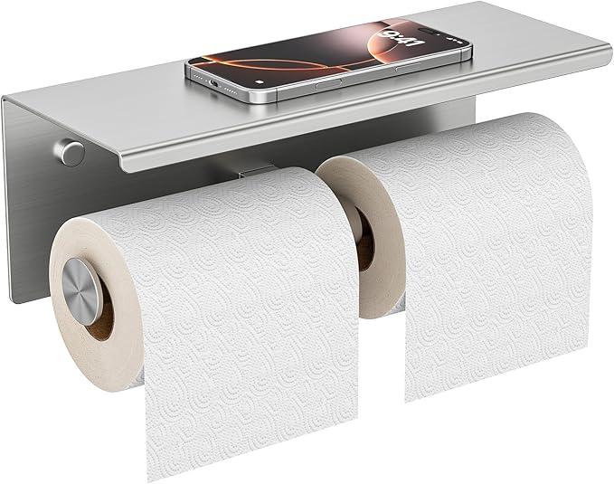 FORIOUS 2 Pack Double Toilet Paper Holder with Shelf, Wall Mount Tissue Roll Holder for Bathroom, 304 Stainless Steel Commercial Toilet Tissue Dispensers with Phone Shelf, Stainless Steel - ModernBath