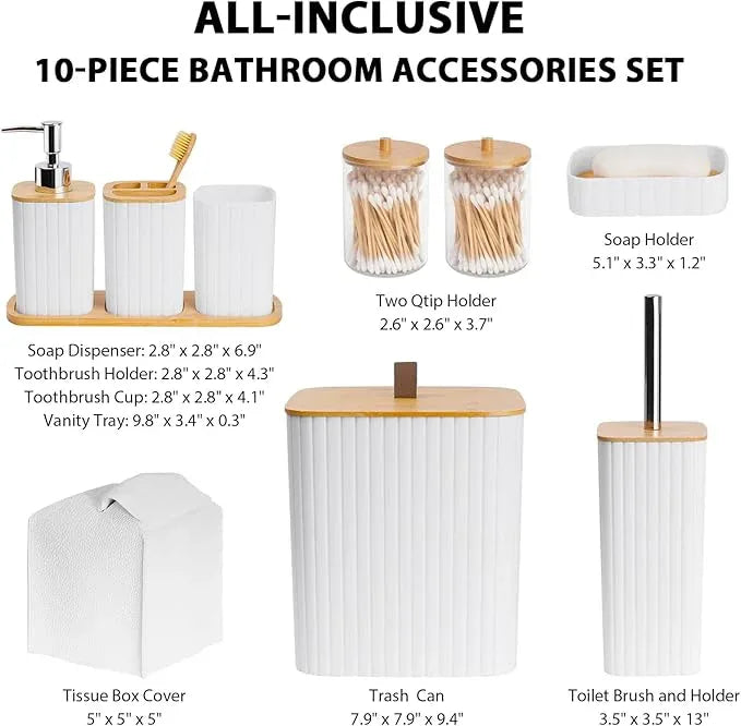 Bathroom Accessory Set - 10 Piece White Bathroom Sets Complete with Trash Can, Toothbrush Holder & Cup, Soap Dispenser, Soap Dish, Toilet Brush & Holder, Vanity Tray, Qtip Holder, Tissue Box Cover - ModernBath