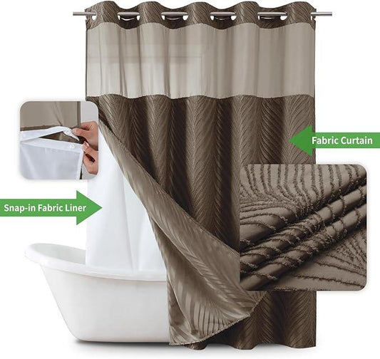 eachope no Hook Shower Curtain and Liner Set,Boho Style with See Through Top Window, Brown Fabric Tufted Striped Textured Outer Curtain & Waterproof Inner Liner, Brown, 71Wx77H - ModernBath