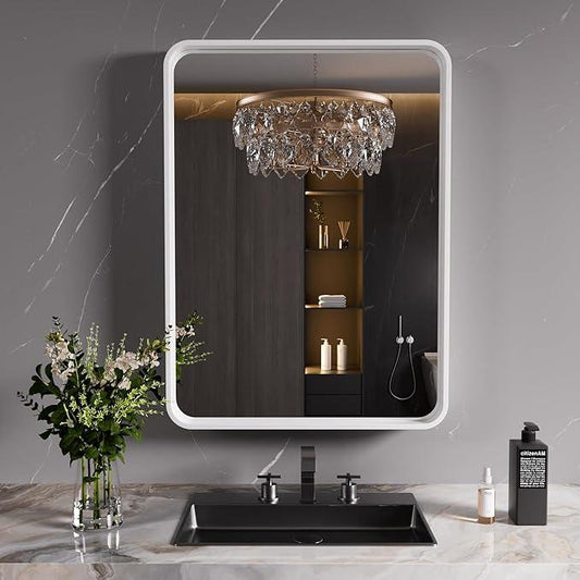 JISOSO White Bathroom Mirror 20x30 Inch, White Metal Framed Bathroom Mirror for Wall, Rounded Rectangle Matte Bathroom Vanity Mirror, Tempered Glass, Anti-Rust, Horizontal/Vertical - ModernBath