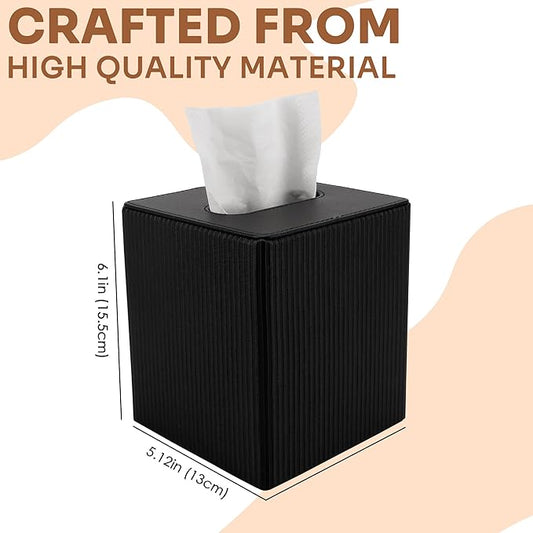 DODAMOUR Vertical Stripe Tissue Box Cover Cube – Ribbed PU Leather Square Holder, Magnetic Bottom Napkin Dispenser for Modern Office, Car, Desk (Black)