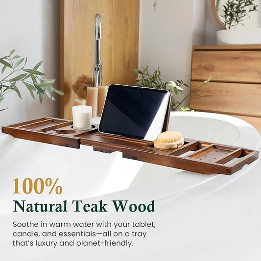 Realgulf Teak Bathtub Tray, Bath Caddy with Wine Glass Holder, Phone Dock & Book Stand | Hands-Free Reading & Ultimate Spa Relaxation Experience-Brown