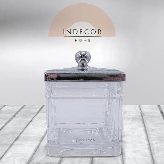 Indecor Home Apothecary Glass Cotton Jar Holder Silver Stainless Steel Lid, Elegant Bathroom Storage Canister for Qtips, Cotton Balls, Floss, Makeup Organizer, Vanity Bathroom Organization - ModernBath