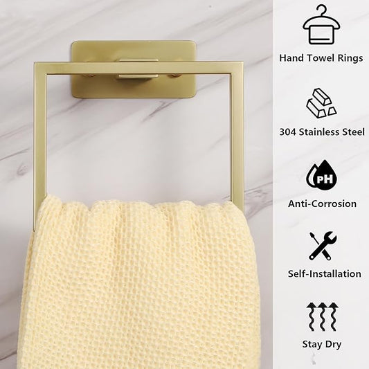 LANC Hand Towel Rings for Bathroom Wall Mount Brushed Gold Square Self Adhesive Hand Towel Holder for Bath Kitchen Lavatory Stainless Steel Contemporary Shower Towel Racks Towel Hanger, A8396BG