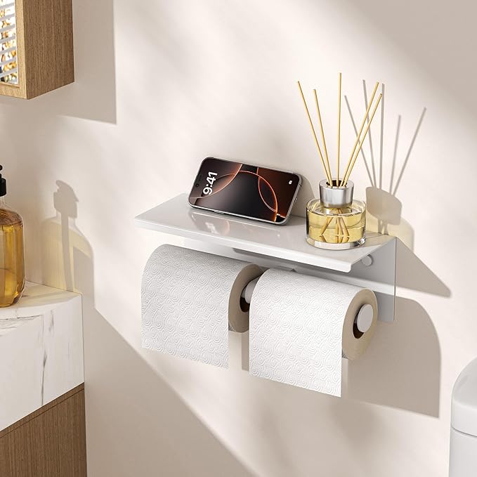 FORIOUS Double Toilet Paper Holder with Shelf, Wall Mount Tissue Roll Holder for Bathroom, 304 Stainless Steel Commercial Toilet Tissue Dispensers with Phone Shelf (1, White)