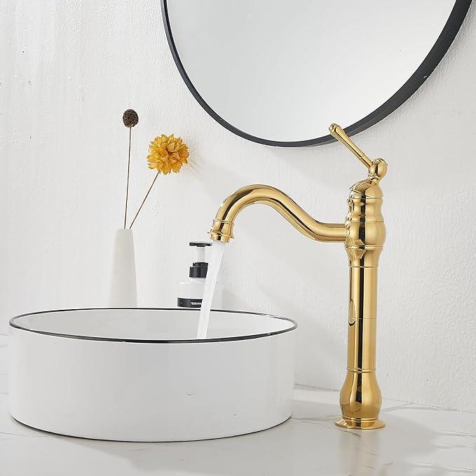 GGStudy 360 Swivel Single-Handle One Hole Bathroom Vessel Sink Faucet Matching Pop Up Drain Polished Gold Farmhouse Vanity Faucet - ModernBath