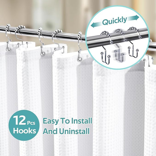 Vipfree 3 in 1 Shower Curtain Set, Waffle Shower Curtain and Liner Set with 12 Double Sided Shower Curtain Hooks, 258GSM Luxury Weighted Cloth Shower Curtains for Bathroom, 72 W x 84 H, White