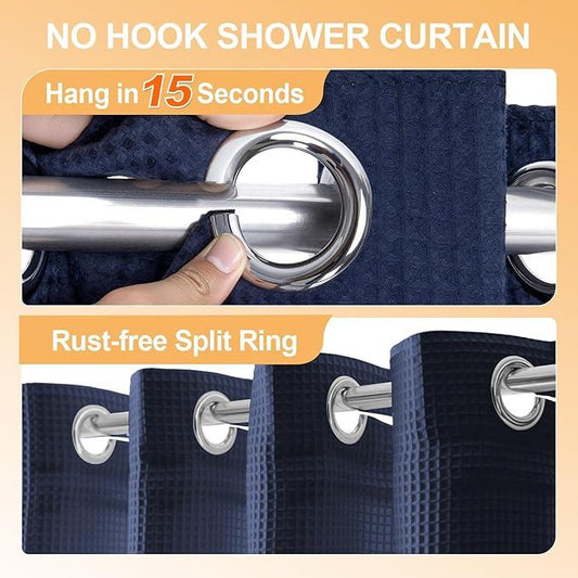 River Dream Hotel Grade No Hooks Needed Shower Curtain with Snap in Liner,Water Repellent, Machine Washable (Navy Blue, 71"x74"(W/Liner)) - ModernBath