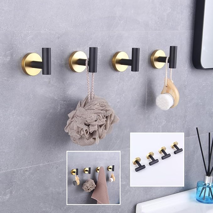 GERZWY Stainless Steel Towel Hook Robe Hook Coat Hook Heavy Duty Wall Mounted Luxury Hooks for Bathroom Hotel 4 Pack (Black & Gold) AG1307B-BD