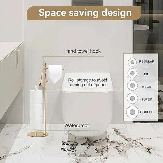 BGL Toilet Paper Holder Stand, SUS304 Stainless Steel Gold, Weighted Base, Holds 5 Jumbo Rolls, Space-Saving Modern Bathroom Storage with Built-in Hook - ModernBath