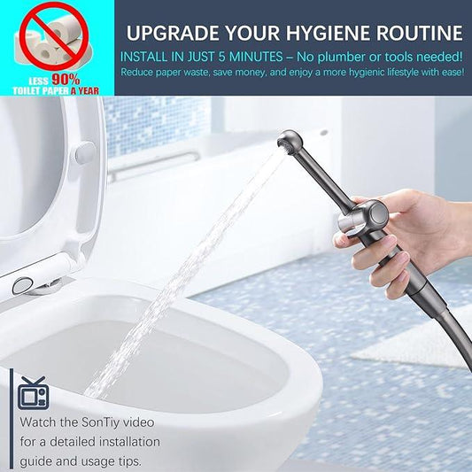 SonTiy Handheld Bidet Toilet Sprayers Black Stainless, Cloth Diaper Sprayer Bathroom Hand Held Jet Spray Bidet Attachment for Toilet with Adjustable Pressure Control, Solid Brass, 7.9" Bidet Wand - ModernBath