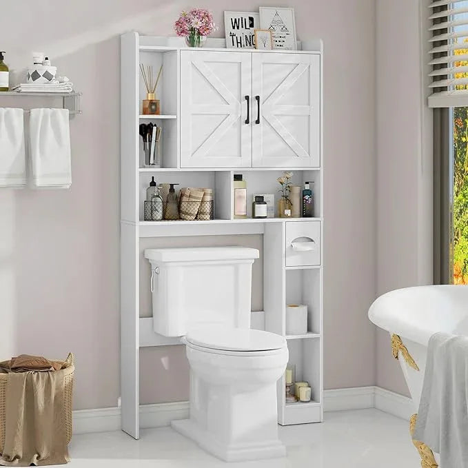 Vabches Over The Toilet Storage Cabinet, Farmhouse Storage Cabinet Over Toilet with 2 Barn Door & Toilet Paper Holder Stand,Home Space-Saving Toilet Rack, for Bathroom, Restroom, Laundry - ModernBath